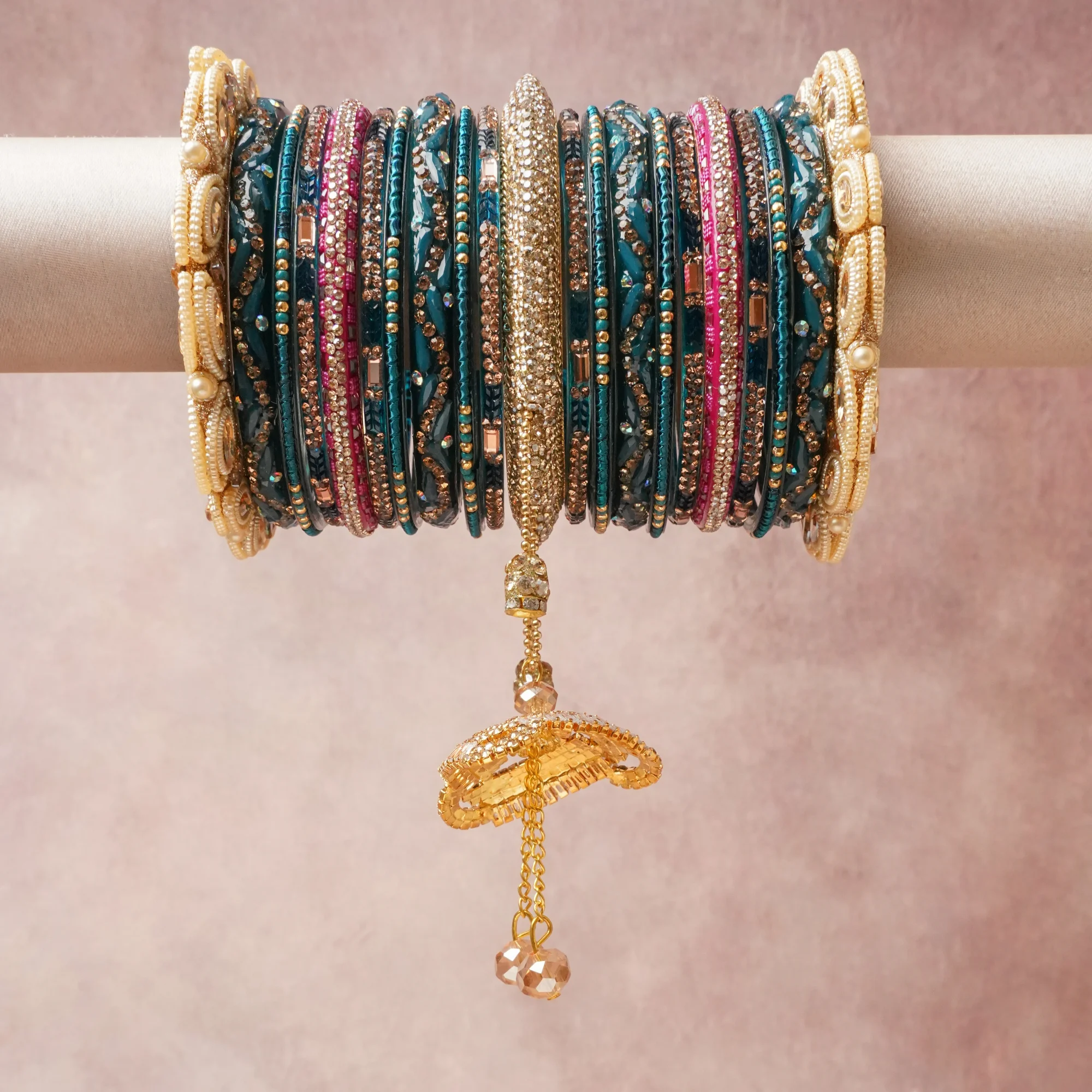 A commanding Deep Teal anchors this beautiful set, enriched with accents of Brilliant Gold, Clear Crystal that add depth and dimension.

Featuring a striking composition of Glass, Gold-toned Metal, Faux Pearls, Crystals, this set carries intricate craftsmanship and strong presence. Grand in form, it is created for moments that deserve to be marked.